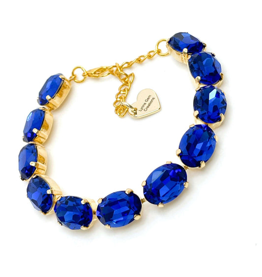 Sapphire Blue Crystal Bracelet | Gold Plated | Oval Blue Tennis Bracelet | Georgian Bracelet