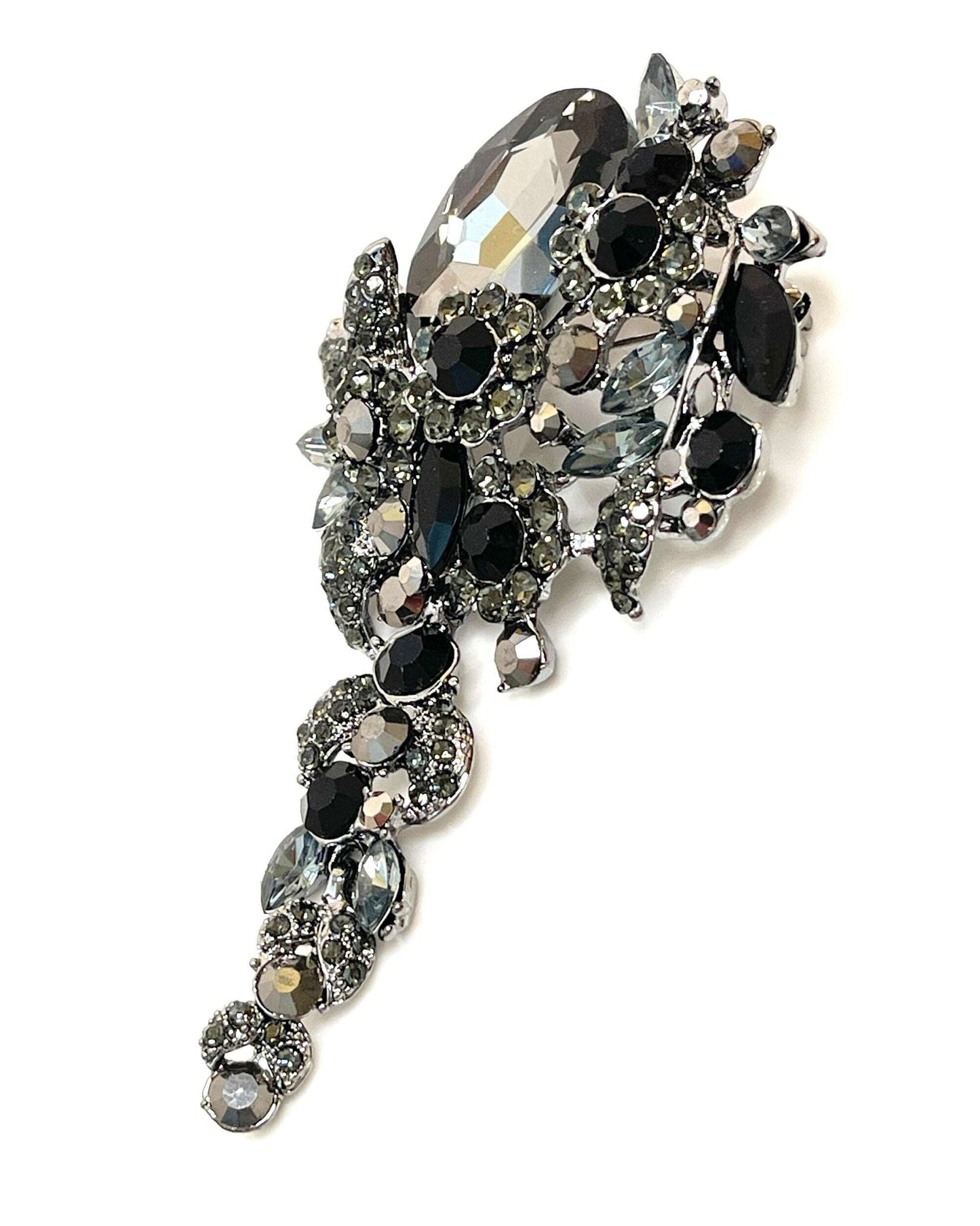 Long Tassel Grey Crystal Flower Brooch | Sparkly Black Crystal Bouquet Pin