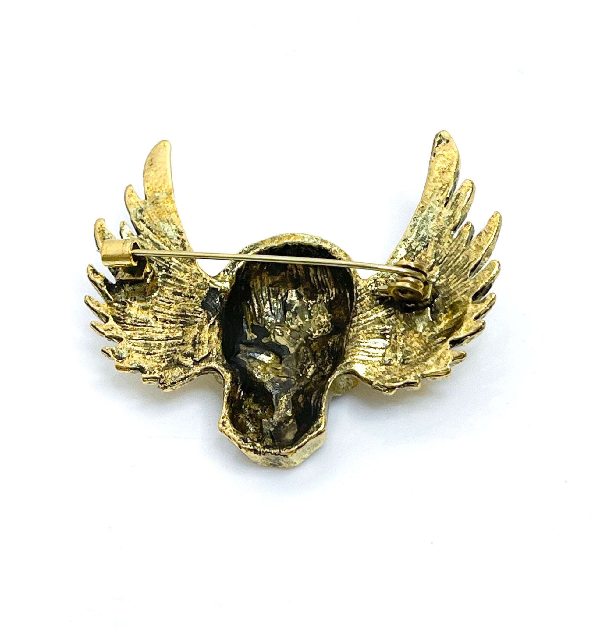 Antique Gold Winged Skull Brooch | Unisex Gothic Brooch | Bikers Pin