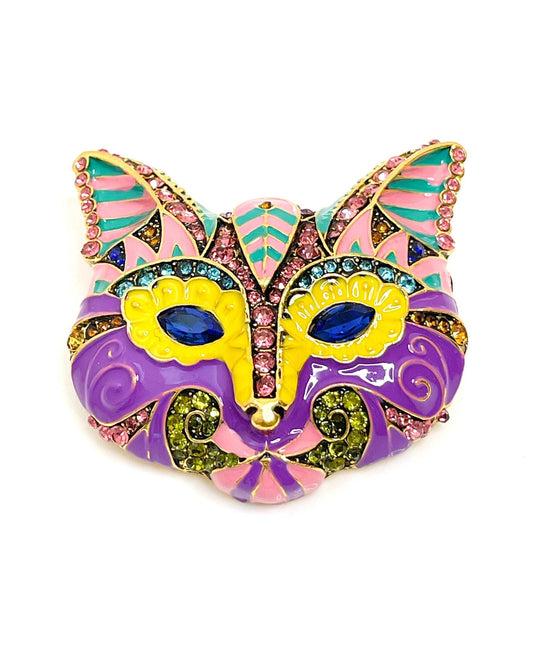 Large Multicolour Cat Brooch, Enamel Cat Head Pin, Crystal Animal Pin, Bright Sparkly Cat Mask, Brooches For Women