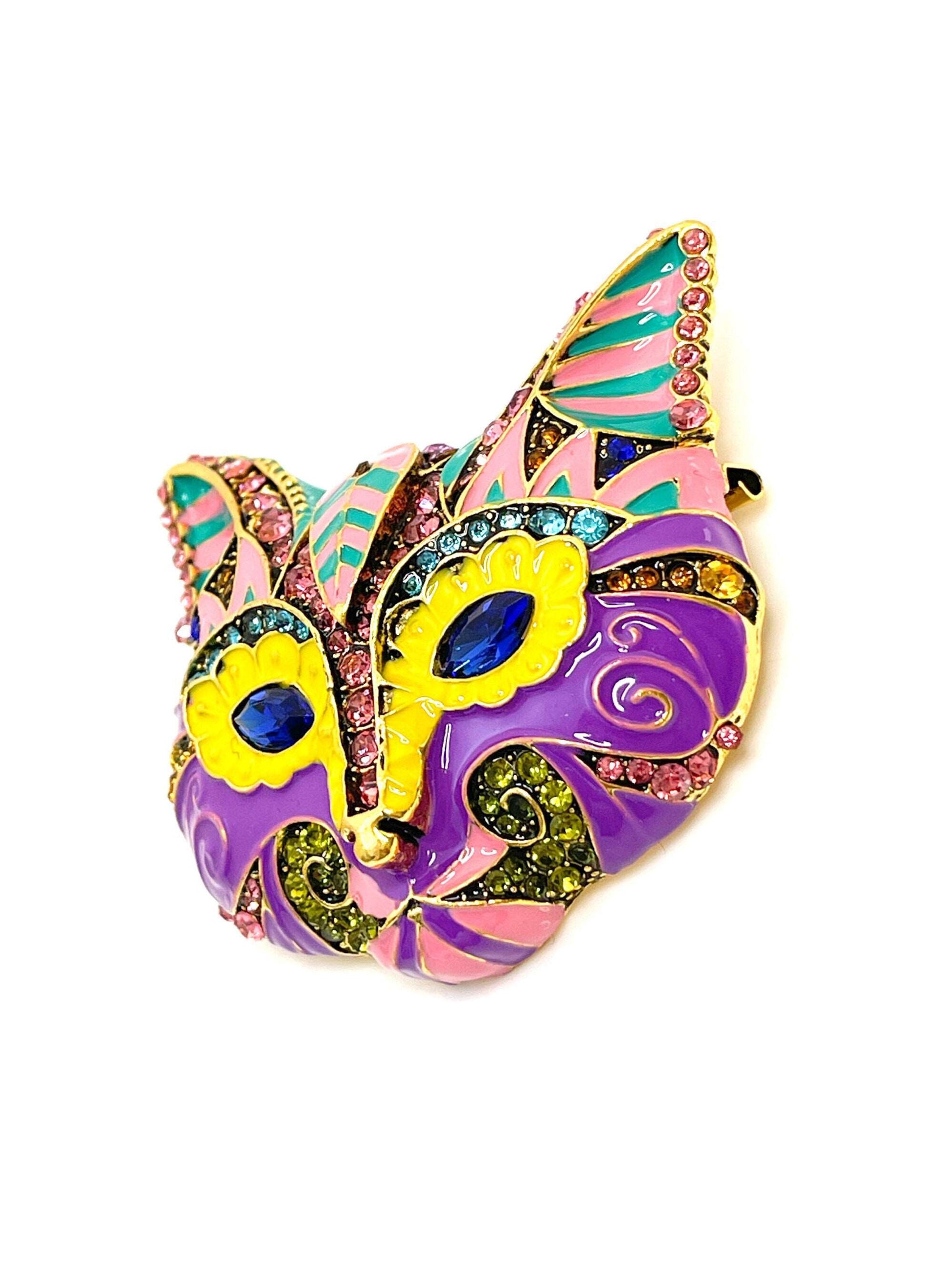 Large Multicolour Cat Brooch, Enamel Cat Head Pin, Crystal Animal Pin, Bright Sparkly Cat Mask, Brooches For Women