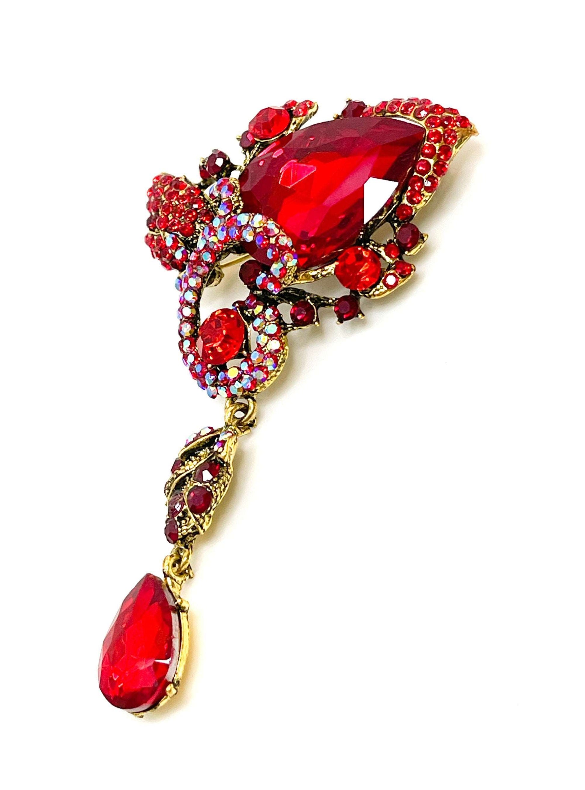 Extra Long Red Crystal Flower Brooch | Sparkly Red Crystal Water Drop Pin