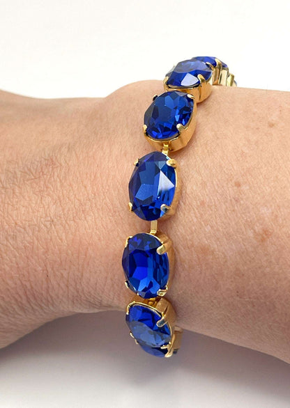 Sapphire Blue Crystal Bracelet | Gold Plated | Oval Blue Tennis Bracelet | Georgian Bracelet