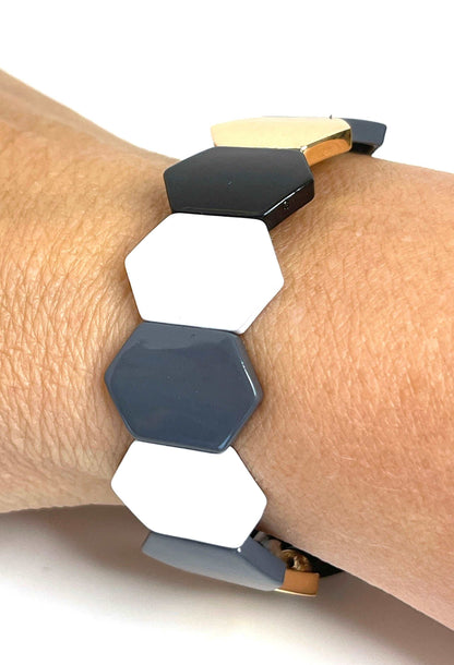 Gold White Black Tile Beaded Bracelet | Japanese Bead Stretch Bracelet | Geometric Jewellery