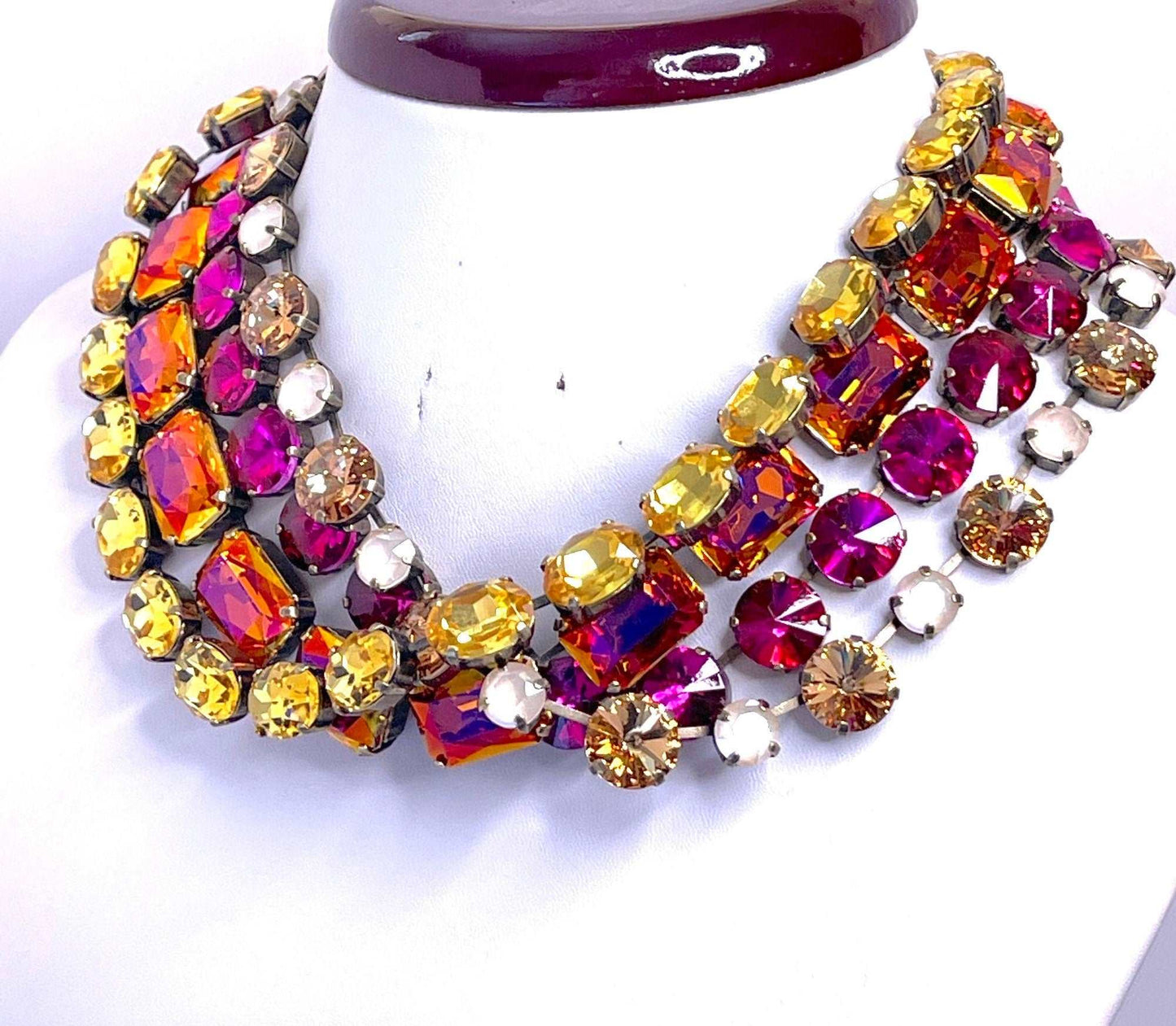 Multicolour Georgian Collet Necklaces, Burnt Orange Crystal Choker, Anna Wintour Style, Fuchsia Yellow Riviere Necklace, Necklaces for Women