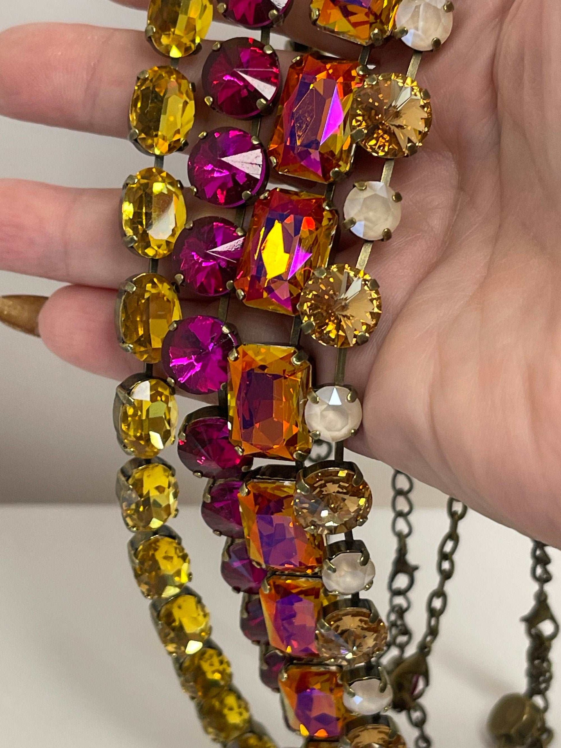 Multicolour Georgian Collet Necklaces, Burnt Orange Crystal Choker, Anna Wintour Style, Fuchsia Yellow Riviere Necklace, Necklaces for Women