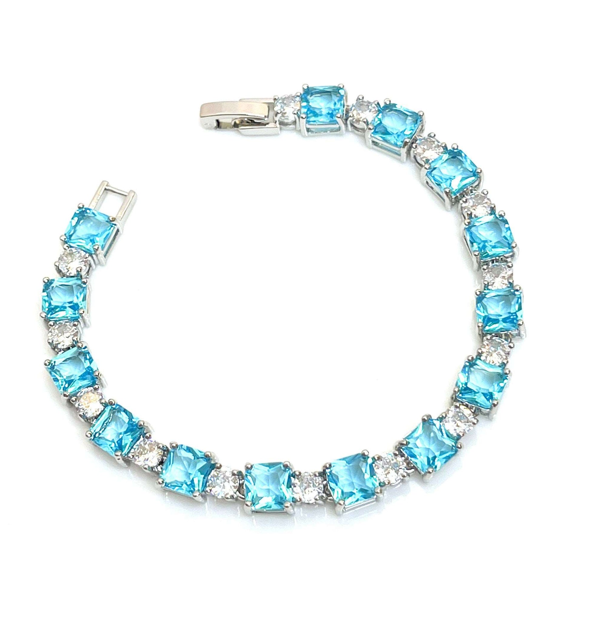 Sky Blue CZ Crystal Silver Bracelet | Silver Plated | Adjustable