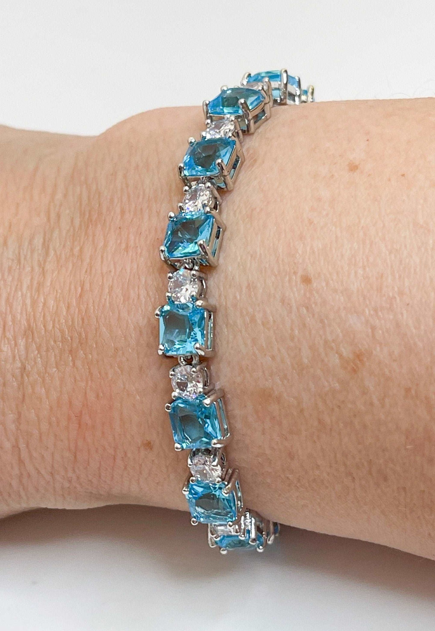 Sky Blue CZ Crystal Silver Bracelet | Silver Plated | Adjustable