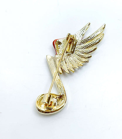 Flying Music Note Brooch | Red Wing Gold Crystal Pin | Crystal Treble Clef