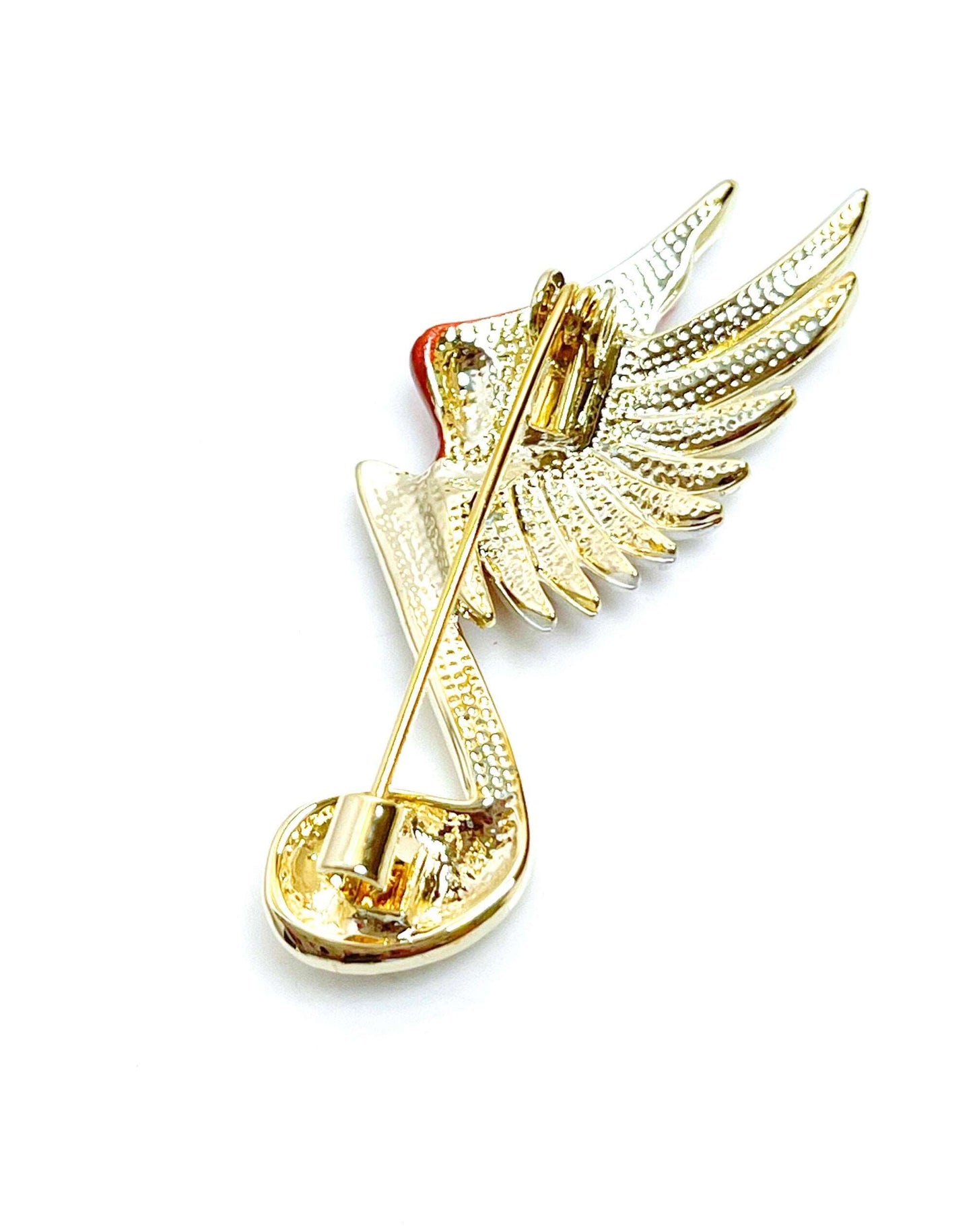 Flying Music Note Brooch | White Wing Gold Crystal Pin | Crystal Treble Clef
