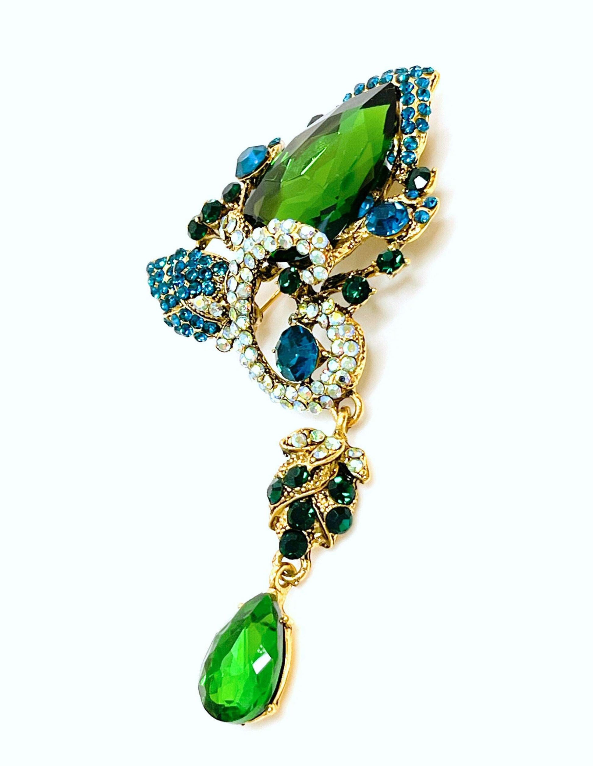 Extra Long Green Crystal Flower Brooch | Sparkly Green Crystal Water Drop Pin