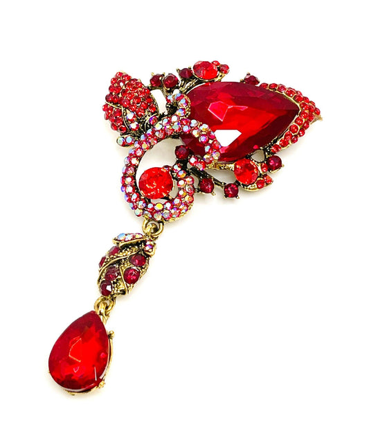 Extra Long Red Crystal Flower Brooch | Sparkly Red Crystal Water Drop Pin