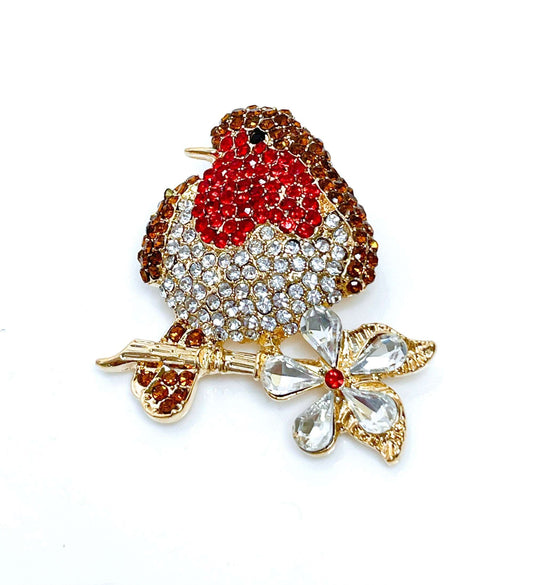 Luxury Robin Red Breast Brooch | Vintage Diamanté Pin