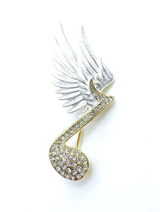 Flying Music Note Brooch | White Wing Gold Crystal Pin | Crystal Treble Clef