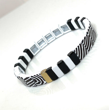 Tila Beaded Bracelet | Black and White Animal Print | Japanese Bead Stretch Bracelet