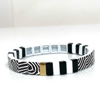 Tila Beaded Bracelet | Black and White Animal Print | Japanese Bead Stretch Bracelet