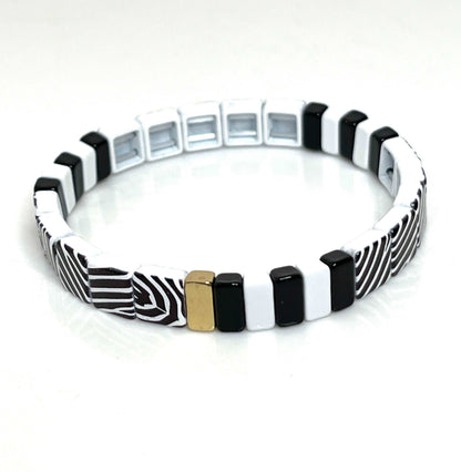 Tila Beaded Bracelet | Black and White Animal Print | Japanese Bead Stretch Bracelet