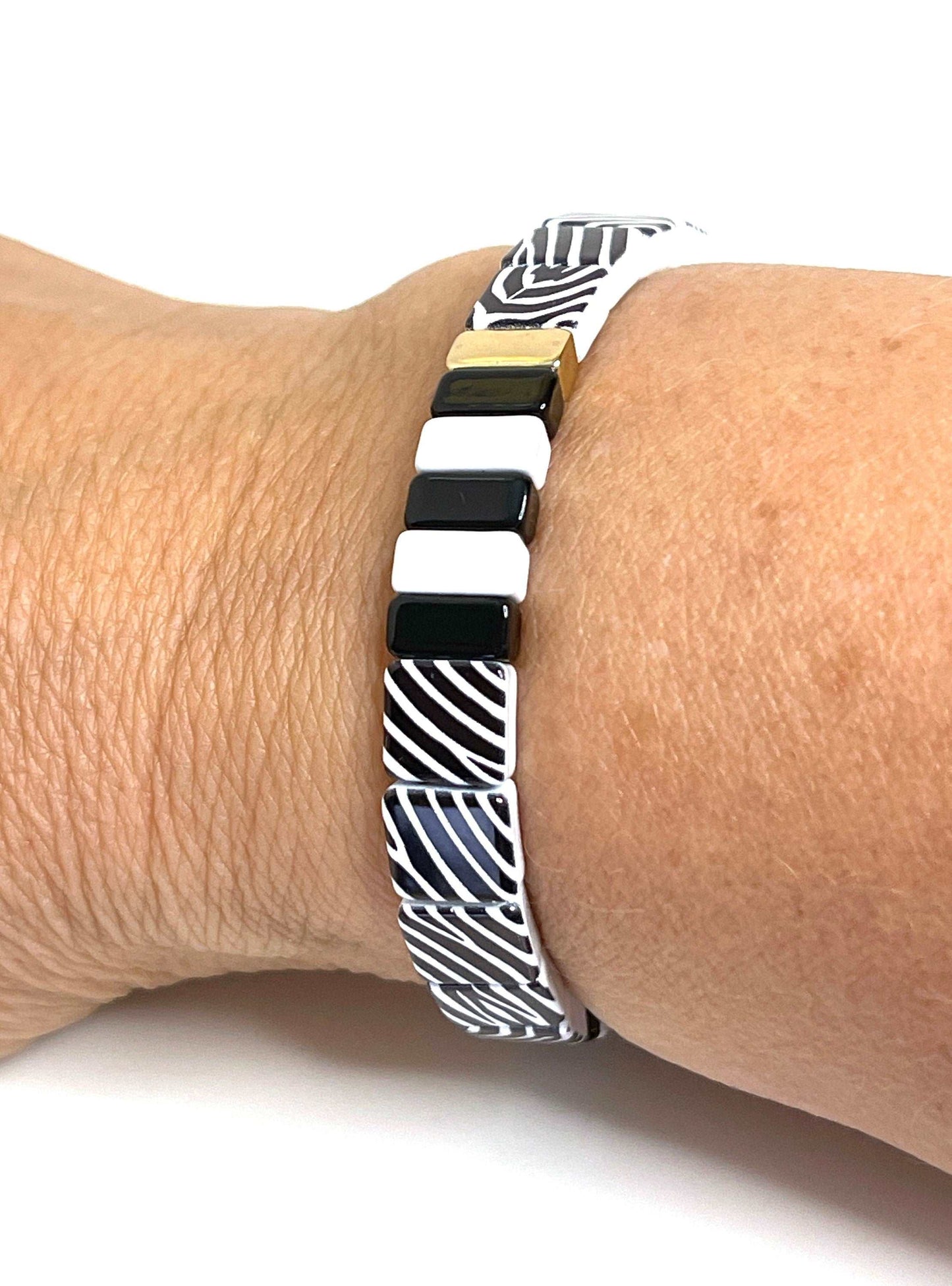 Tila Beaded Bracelet | Black and White Animal Print | Japanese Bead Stretch Bracelet