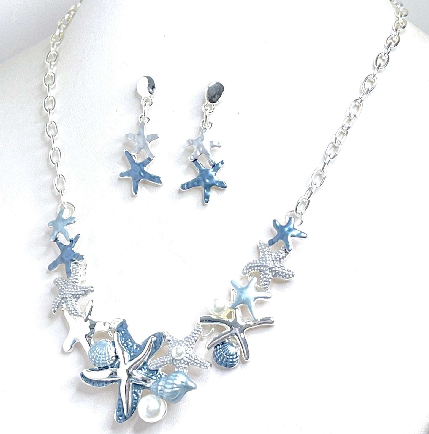 Blue Ombre Starfish Necklace with Earrings Set, Sea Theme Jewelry, Modern Style Jewellery, Pastel Enamel Jewelry, Necklaces for Women