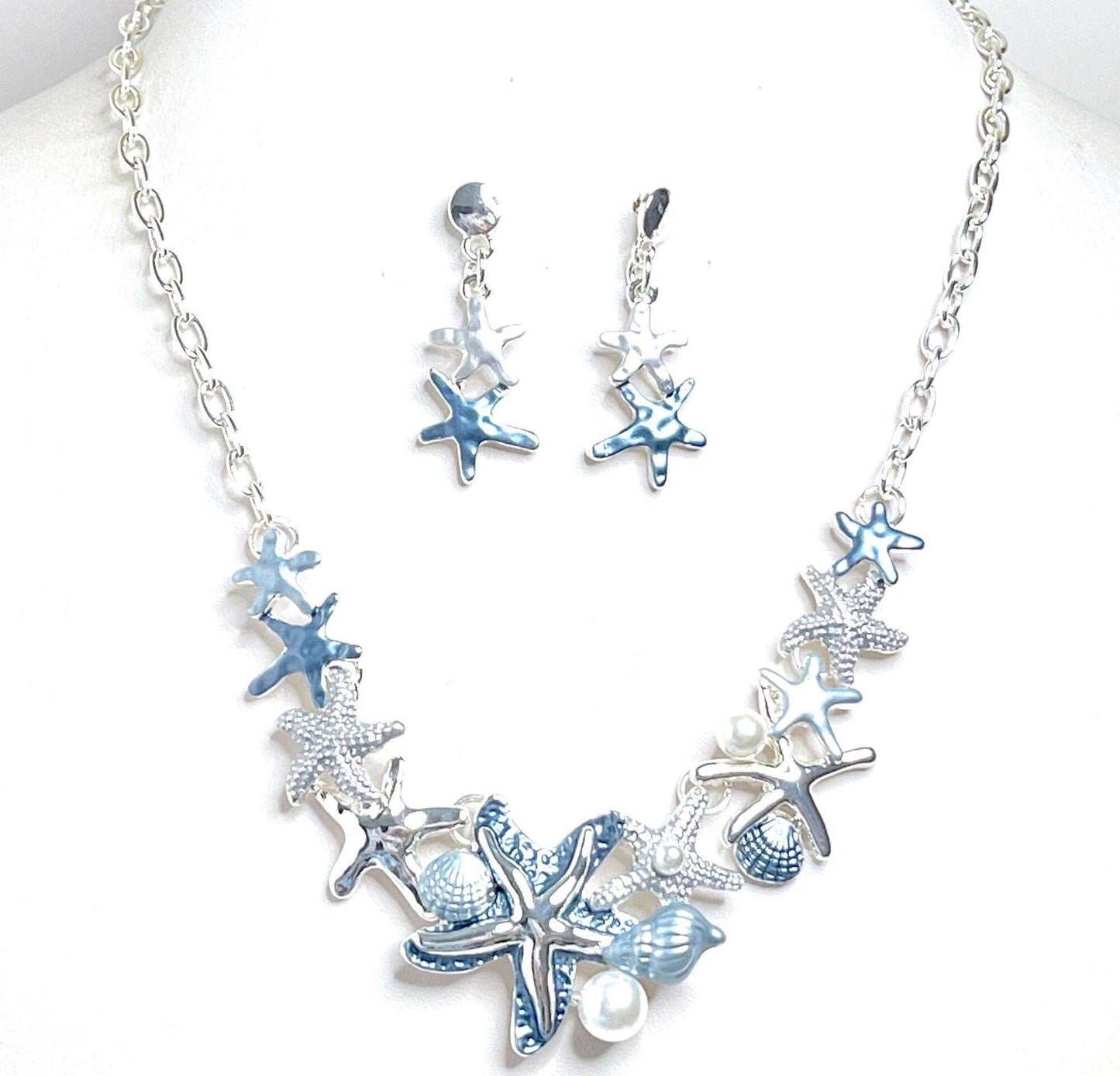 Blue Ombre Starfish Necklace with Earrings Set, Sea Theme Jewelry, Modern Style Jewellery, Pastel Enamel Jewelry, Necklaces for Women