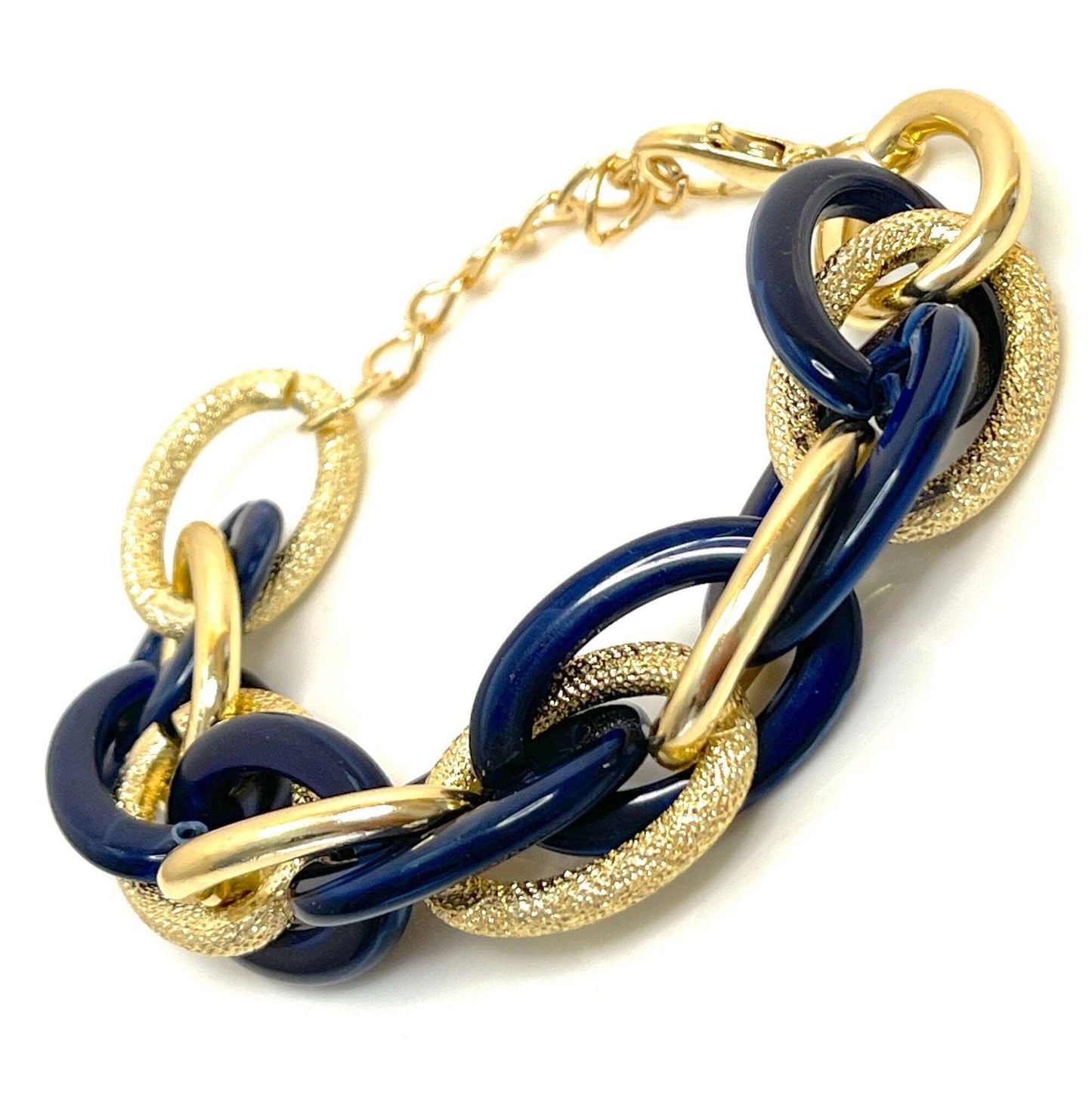 Chunky Chain Bracelet, Dark Blue and Gold, Statement Bracelet, Textured Jewellery, Retro Acrylic Jewellery, Bracelets for Women