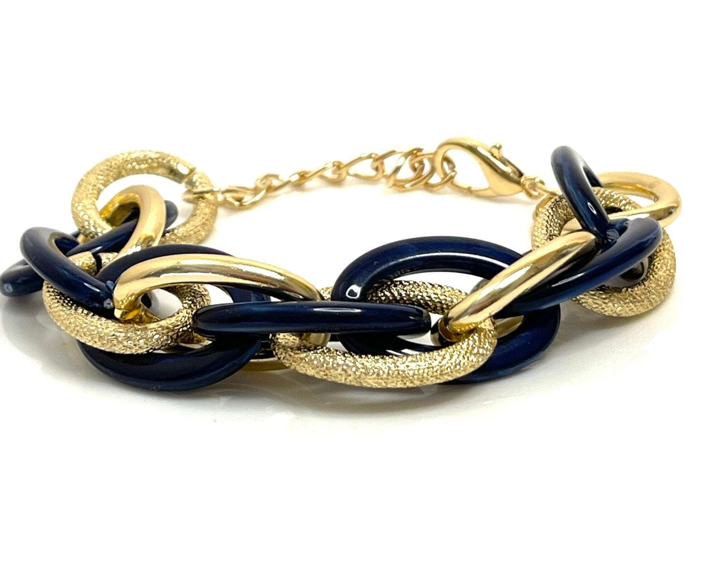 Chunky Chain Bracelet, Dark Blue and Gold, Statement Bracelet, Textured Jewellery, Retro Acrylic Jewellery, Bracelets for Women