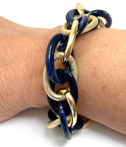 Chunky Chain Bracelet, Dark Blue and Gold, Statement Bracelet, Textured Jewellery, Retro Acrylic Jewellery, Bracelets for Women