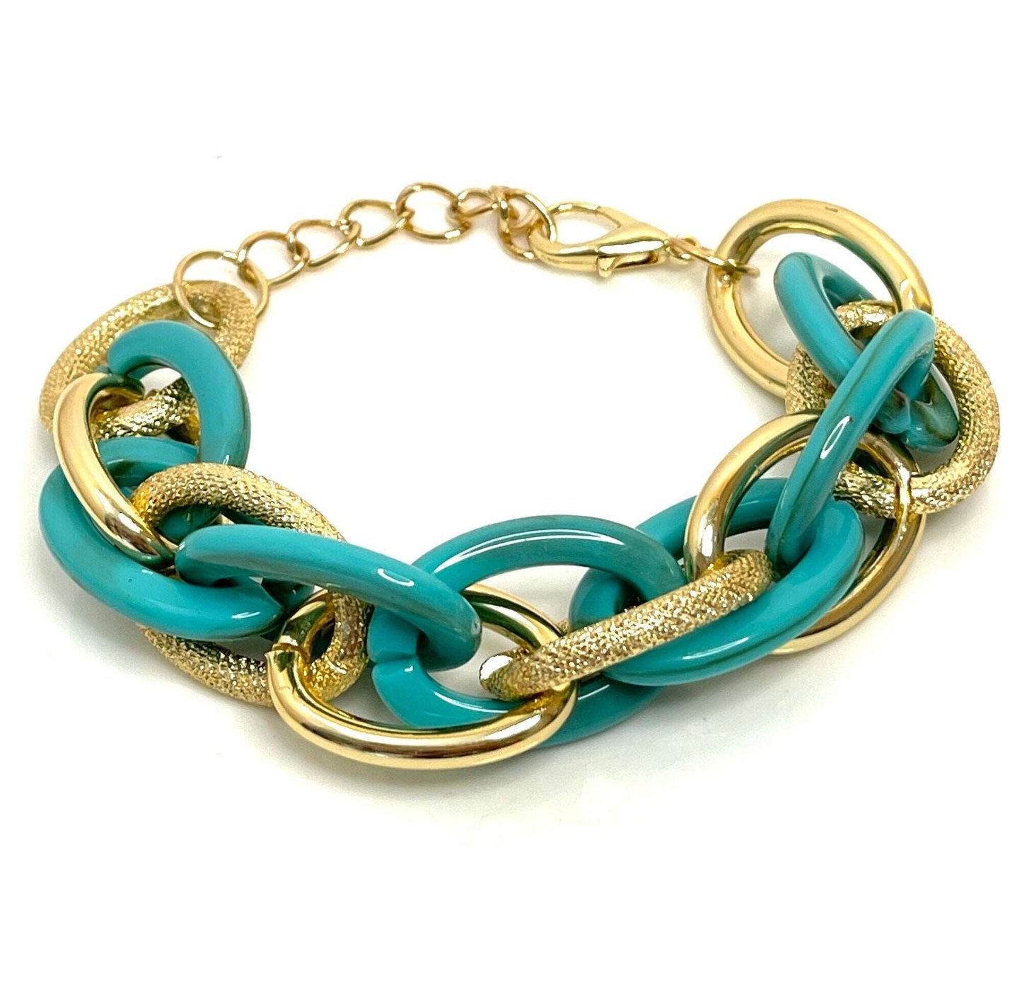 Chunky Chain Bracelet, Teal and Gold, Statement Bracelet, Textured Jewellery, Retro Acrylic Jewellery, Bracelets for Women