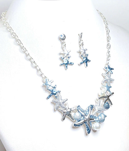 Blue Ombre Starfish Necklace with Earrings Set, Sea Theme Jewelry, Modern Style Jewellery, Pastel Enamel Jewelry, Necklaces for Women