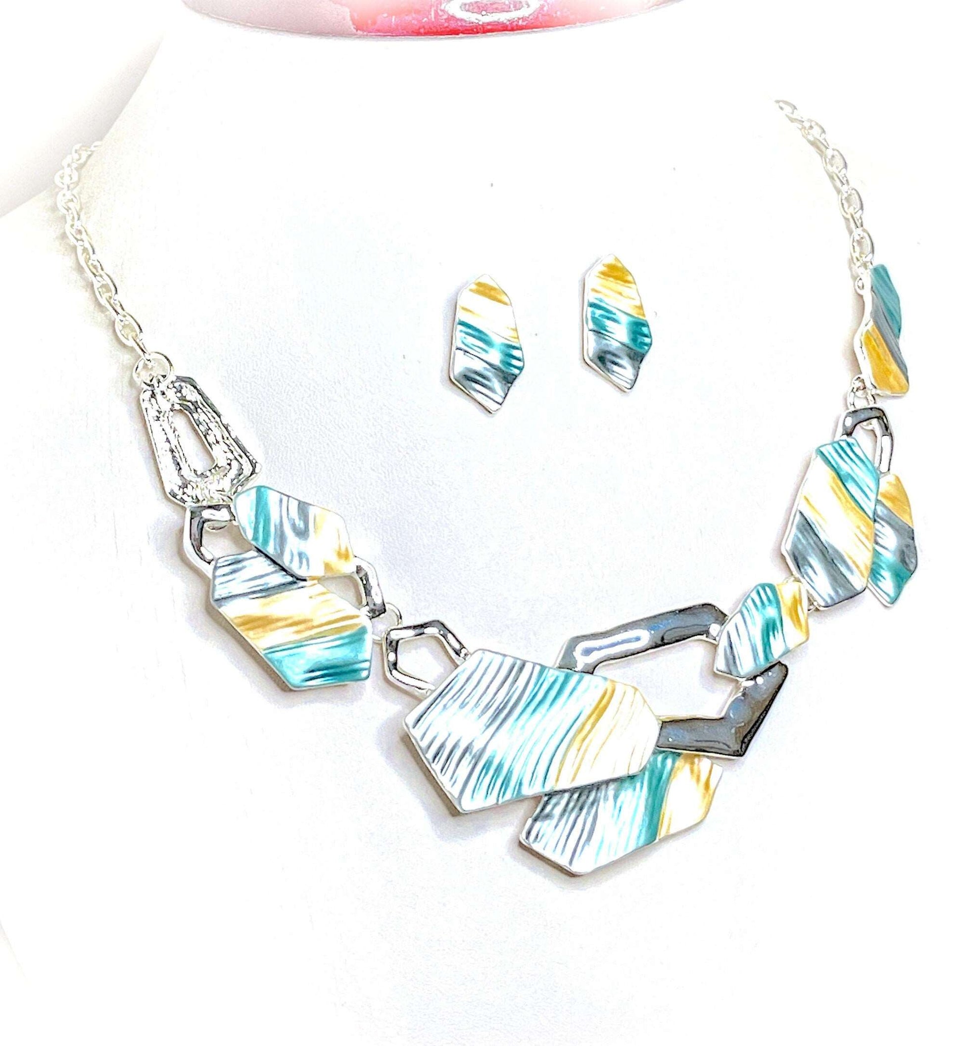 Blue Yellow Silver Geometric Necklace with Earrings Set, Modern Style Jewellery, Pastel Enamel Jewelry, Necklaces for Women