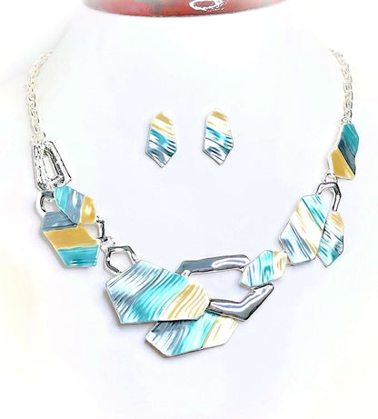 Blue Yellow Silver Geometric Necklace with Earrings Set, Modern Style Jewellery, Pastel Enamel Jewelry, Necklaces for Women