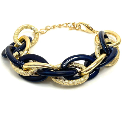 Chunky Chain Bracelet, Dark Blue and Gold, Statement Bracelet, Textured Jewellery, Retro Acrylic Jewellery, Bracelets for Women