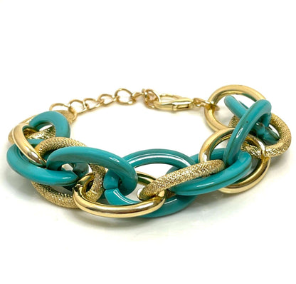 Chunky Chain Bracelet, Teal and Gold, Statement Bracelet, Textured Jewellery, Retro Acrylic Jewellery, Bracelets for Women