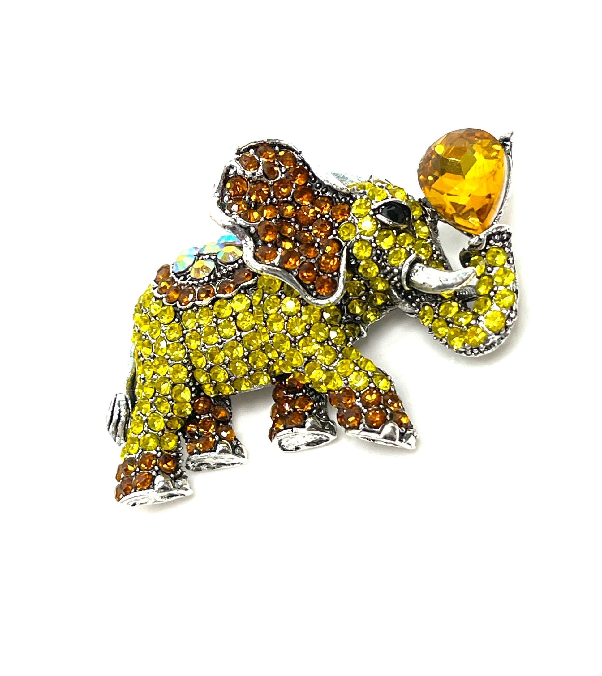 Large Yellow Indian Elephant Brooch, Sparkly Elephant Pin, Crystal Animal Pin, Multi Crystal Diamonte Pin, Brooches For Women