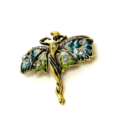 Beautiful Art Deco Fairy Brooch, Fantasy Brooch, Blue Green Patterned Enamel Pin with Crystals, Jacket Scarf Pin, Brooches For Women