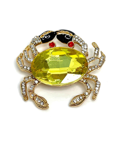 Gold Crystal Crab Brooch, Gift for Sea Lovers, Crab with Large Yellow Crystal, Nautical Jewellery, Brooches For Women