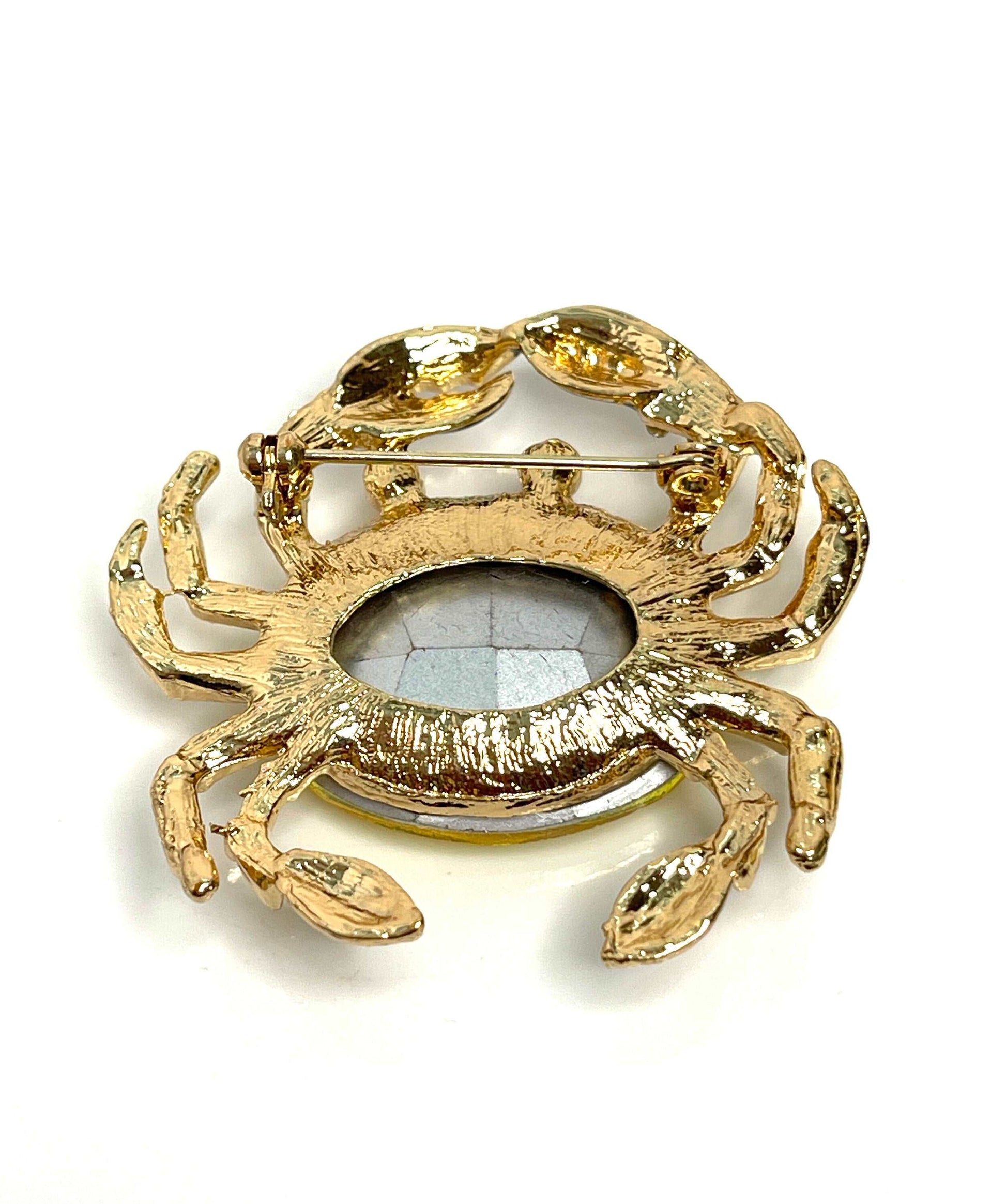 Gold Crystal Crab Brooch, Gift for Sea Lovers, Crab with Large Yellow Crystal, Nautical Jewellery, Brooches For Women