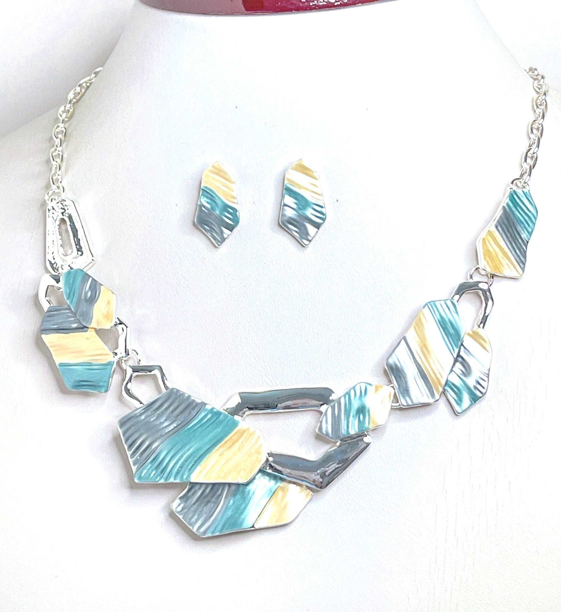 Blue Yellow Silver Geometric Necklace with Earrings Set, Modern Style Jewellery, Pastel Enamel Jewelry, Necklaces for Women