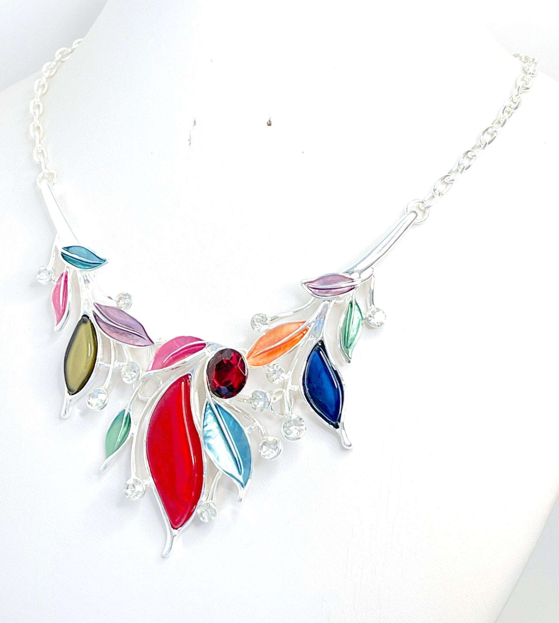 Multicolour Enamel Leaf Necklace, Modern Style Jewellery, Big Leaf Statement Jewelry, Necklaces for Women