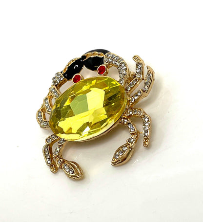 Gold Crystal Crab Brooch, Gift for Sea Lovers, Crab with Large Yellow Crystal, Nautical Jewellery, Brooches For Women