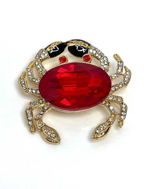 Gold Red Crystal Crab Brooch, Gift for Sea Lovers, Crab with Large Red Crystal, Nautical Jewellery, Brooches For Women