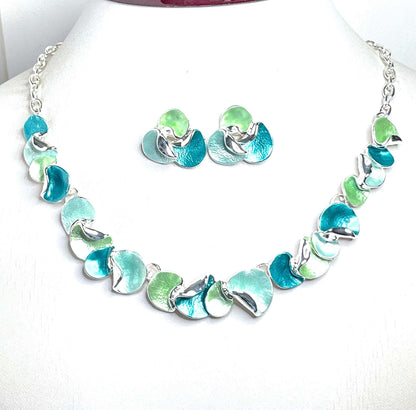 Blue Green Enamel Necklace Set, Modern Style Jewellery, Multicolour Heart Statement Jewelry, Necklaces for Women