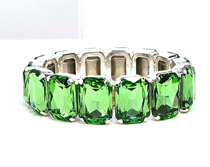 Peridot Green Crystal Bracelet, Stretch Bracelet, Light Green Crystal Jewelry, Rectangle Statement Bracelet, Bracelets For Women