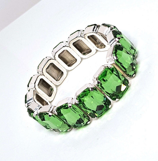 Peridot Green Crystal Bracelet, Stretch Bracelet, Light Green Crystal Jewelry, Rectangle Statement Bracelet, Bracelets For Women