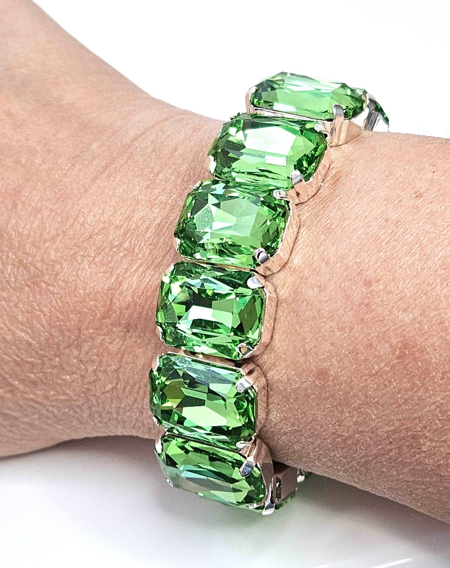 Peridot Green Crystal Bracelet, Stretch Bracelet, Light Green Crystal Jewelry, Rectangle Statement Bracelet, Bracelets For Women