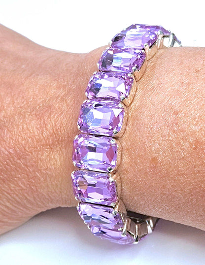 Violet Crystal Bracelet, Stretch Bracelet, Purple Crystal Jewelry, Rectangle Statement Bracelet, Bracelets For Women