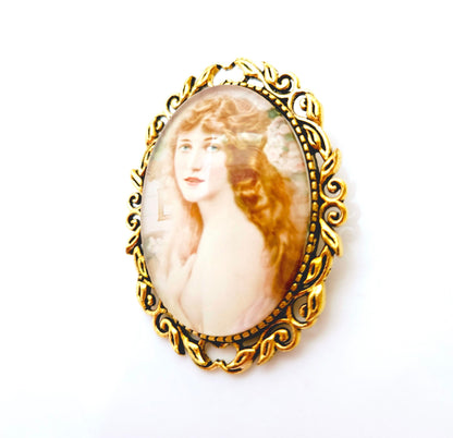 Vintage Style Cameo Brooch, Victorian Lady Portrait Brooch, Gold Plated, Old Style Picture Pin, Stylish Cameo Pin, Brooches For Women