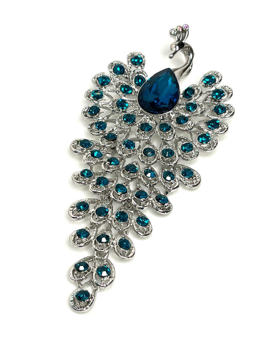 Long Crystal Peacock Brooch, Blue Statement Fashion Brooch, Tassel Peacock Pin, Luxury Peacock Pin, Brooches for Women