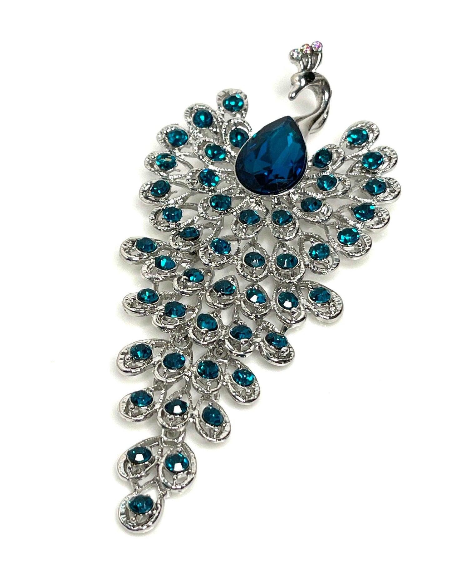 Extra Long Crystal Peacock Brooch, Blue Statement Fashion Brooch, Tassel Peacock Pin, Luxury Peacock Pin, Brooches for Women