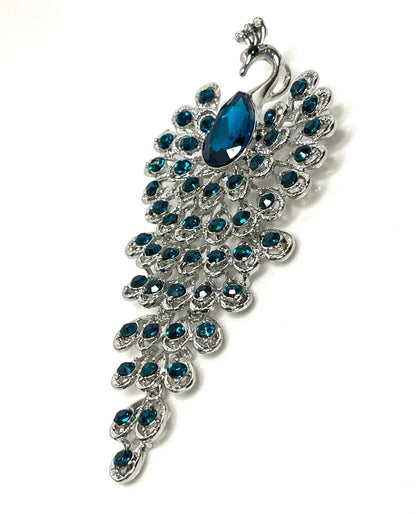 Long Crystal Peacock Brooch, Blue Statement Fashion Brooch, Tassel Peacock Pin, Luxury Peacock Pin, Brooches for Women